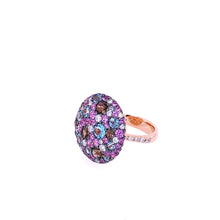  Pink gold ring, blue topazes, diamonds, pink sapphires and smoky quartz