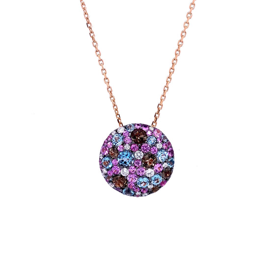 Pink gold necklace, blue topazes, diamonds, pink sapphires and smoky quartz