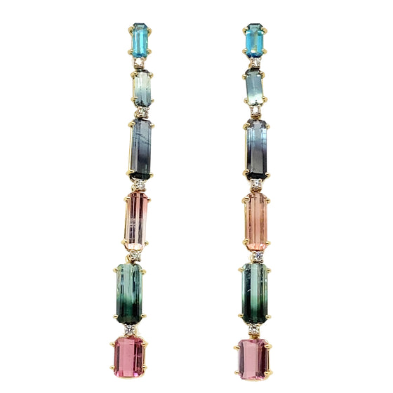 Rose gold earring diamonds and multicolored tourmalines
