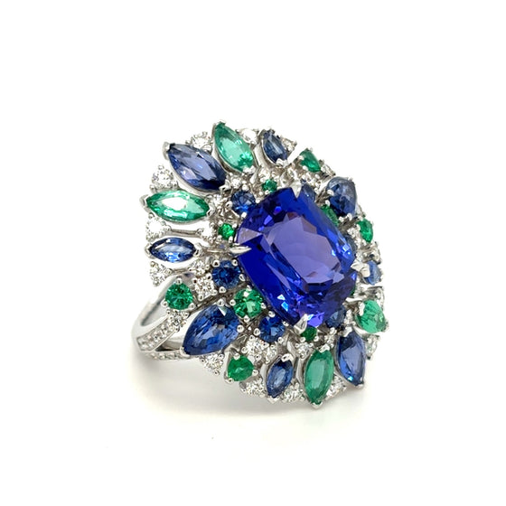 Bague Tanzanite, Saphirs et Emeraudes