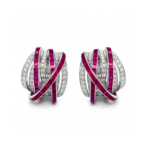 Boucles d'Oreilles Multi Rangs Diamants & Rubis