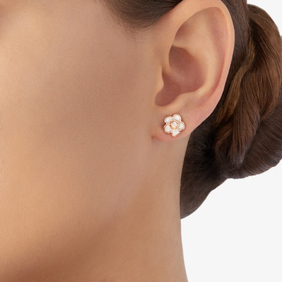 Boucle D'oreille Fleur Or Rose, Émail & Diamant