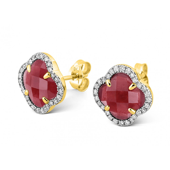 Studs, Red Quartz, Diamonds, Yellow Gold