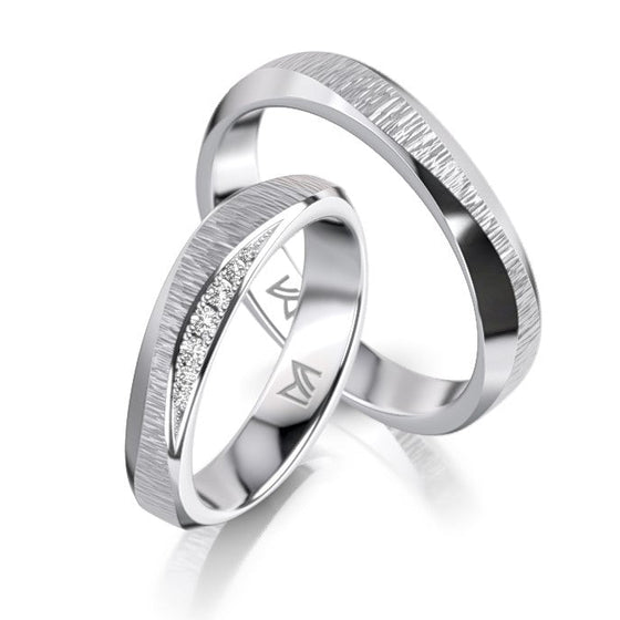 Alliances modernes et texturées pour homme et femme en platine, ou en or blanc, rose ou jaune 18 carats et diamants. Alliances Meister 112.9088