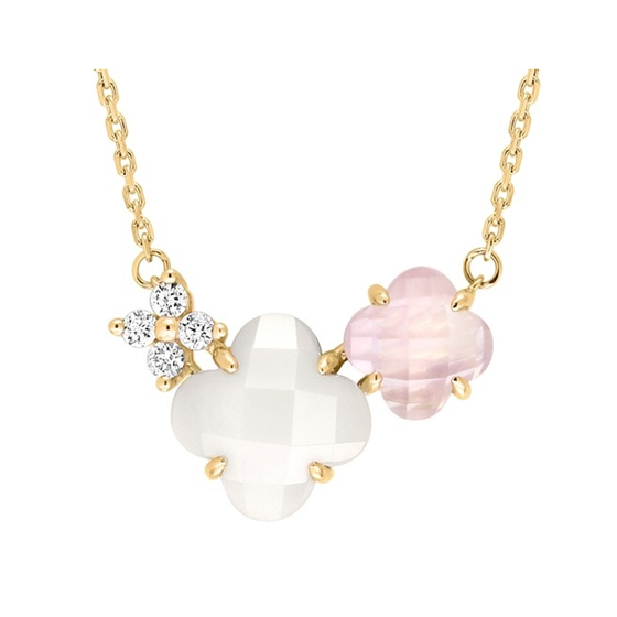 Necklace, Pink Quartz, Mother Of Pearl, Diamonds, Yellow Gold