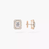 Joy emerald-cut diamond earrings, small Joy stud earrings in 18-karat rose gold with two 0.15-carat emerald-cut diamonds, elevated with a diamond entourage.