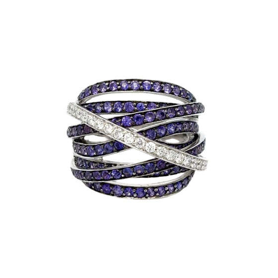 Bague pour femme en or blanc multi rangs pavés d'améthystes et de diamants blancs. Bague Michaud 137884