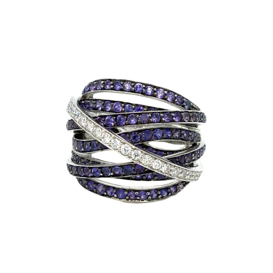 Bague pour femme en or blanc multi rangs pavés d'améthystes et de diamants blancs. Bague Michaud 137884