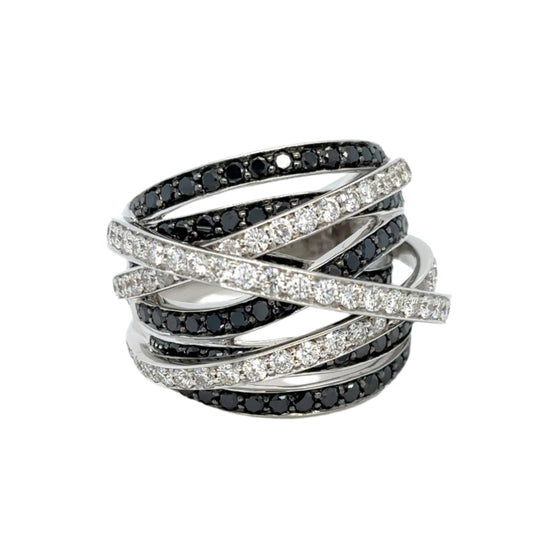 Bague pour femme en or blanc avec un design multi-rangs pavés de diamants noirs et blancs. Bague Michaud 147375