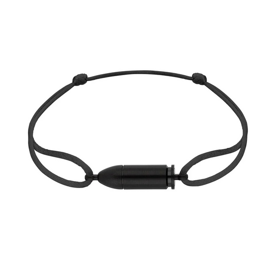 Bracelet pour homme et femme en cordon noir avec une balle en titane noirci. Bracelet Bang Bang Akillis BBB0039