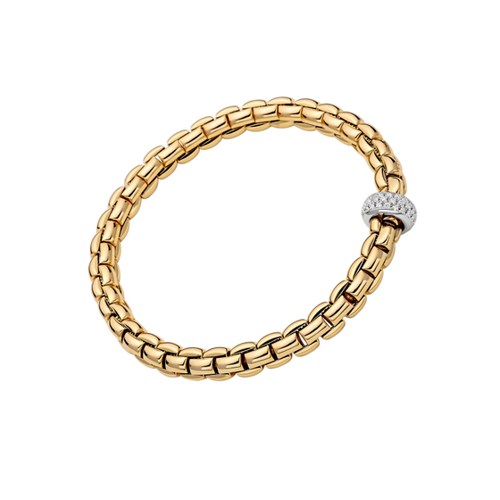 Bracelet flexible pour homme et femme en or jaune avec un maillon or blanc pavé de diamants blancs. Braclet Eka Flex'it Fope 72110BX_PB_G_XBX_00M