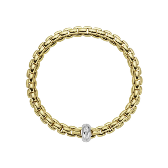 Bracelet pour homme et femme en or jaune avec un maillon or blanc pavé de diamants blancs. Bracelet Olly Flex'it Fope 70705BX_BB_G_XBX_00M