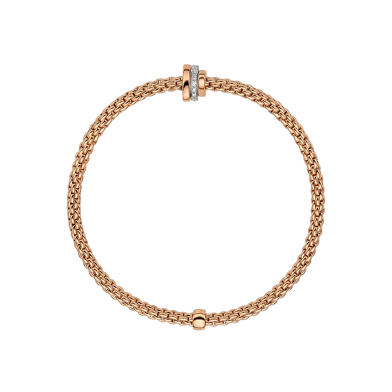 Bracelet pour homme et femme en or rose avec deux maillons or rose et un maillon or blanc pavé de diamants blancs. Bracelet Prima Flex'it Fope 74408BX_BB_R_RBR_00M
