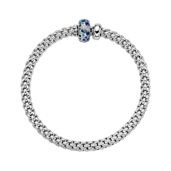Bracelet pour homme et femme en or blanc avec un maillon en or blanc pavé de saphirs bleus. Bracelet Solo Flex'it Fope 61206BX_P2_B_BBX_00M