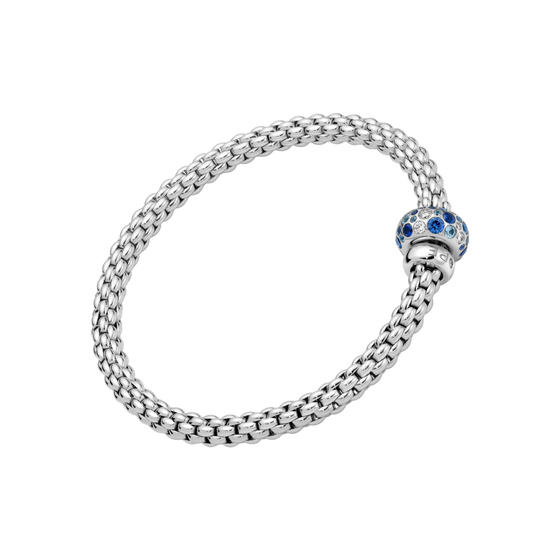 Bracelet pour homme et femme en or blanc avec un maillon en or blanc pavé de saphirs bleus. Bracelet Solo Flex'it Fope 61206BX_P2_B_BBX_00M