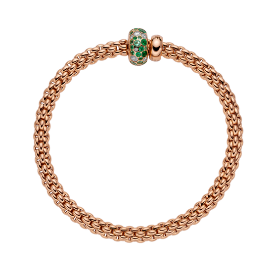 Bracelet pour homme et femme en or rose avec un maillon en or rose pavé d'émeraudes. Bracelet Solo Flex'it Fope 61206BX_P6_R_RRX_00M