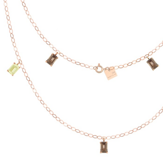 Collier pour femme en or rose et pendentifs en quartz citron, Quartz fumé et topaze rose. Collier Cocktail Ginette NY SCOK
