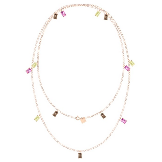 Collier pour femme en or rose et pendentifs en quartz citron, Quartz fumé et topaze rose. Collier Cocktail Ginette NY SCOK