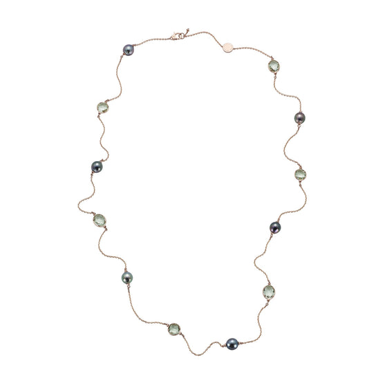 Collier sautoire pour femme en or rose avec des perles noires et des améthystes vertes. Collier Love Affair Alessandra Dona NRGA032SB090