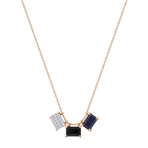 Collier pour femme en or rose et pendentifs en onyx, blue sandstone et diamants blancs. Collier Midnight Ginette NY MDND4
