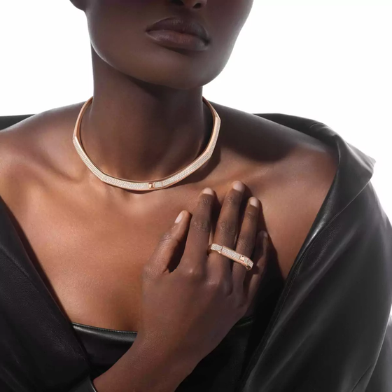 Moderniste pavé two-finger ring Pink Gold Diamond Ring