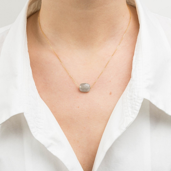 Collier, Pierre De Lune Grise, Or Jaune