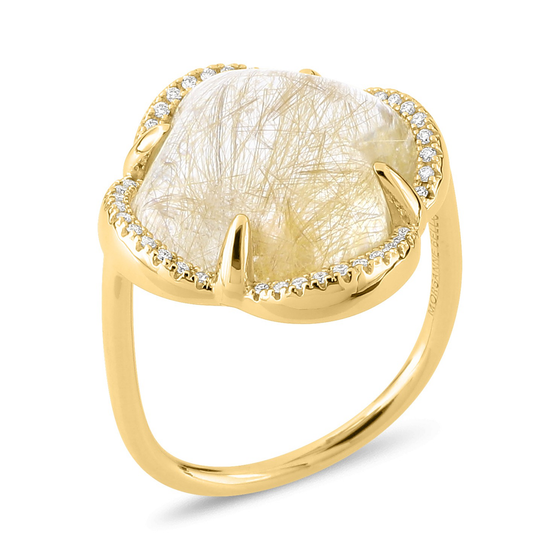 Ring, Golden Rutile Quartz, Diamond Bezel, Yellow Gold