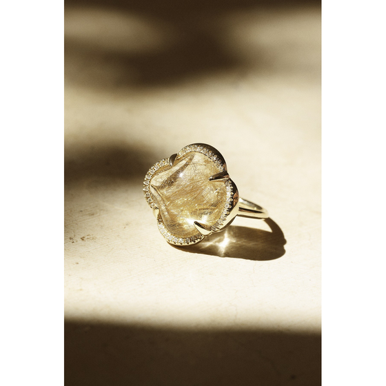 Ring, Golden Rutile Quartz, Diamond Bezel, Yellow Gold