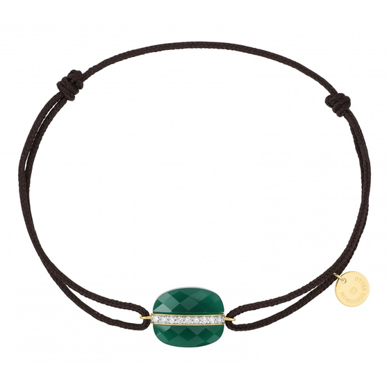 Green Agate Cushion And Diamonds Yellow Gold And Chocolate Cord Aurore Bracelet