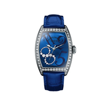  Montre pour femme en acier et diamants et bracelet cuir bleu. Montre Cintrée Curvex Lucky 8 Franck Muller T7500 SCAT FOLUCKY8D1C8D AC