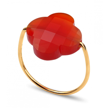  Red Carnelian Clover Yellow Gold Ring