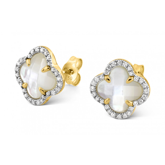 Puces D'oreilles, Nacre Blanche, Diamants, Or Jaune