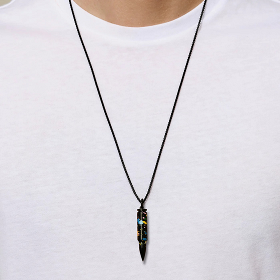 Collier pour homme et femme en forme de balle en titane noir et tâches colorées. Pendentif Fatal Attraction Edition Limitée Zoulliart Akillis PFA0056