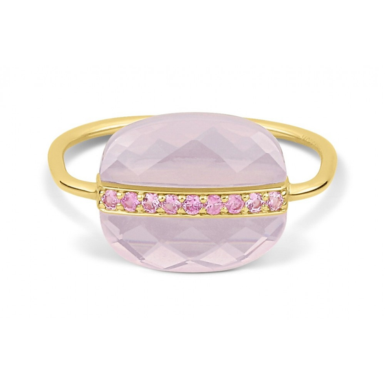 Milky Pink Quartz Cushion And Pink Sapphires Yellow Gold Aurore Ring