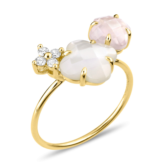 Bague, Quartz Rose, Diamants, Nacre Blanche, Or Jaune