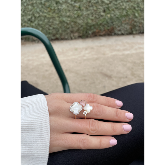 Bague, Quartz Rose, Diamants, Nacre Blanche, Or Jaune