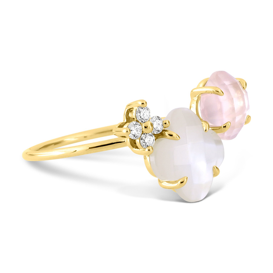 Bague, Quartz Rose, Diamants, Nacre Blanche, Or Jaune