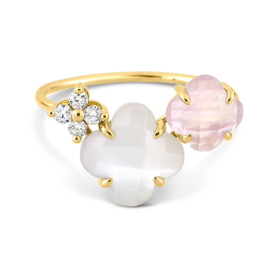 Bague, Quartz Rose, Diamants, Nacre Blanche, Or Jaune