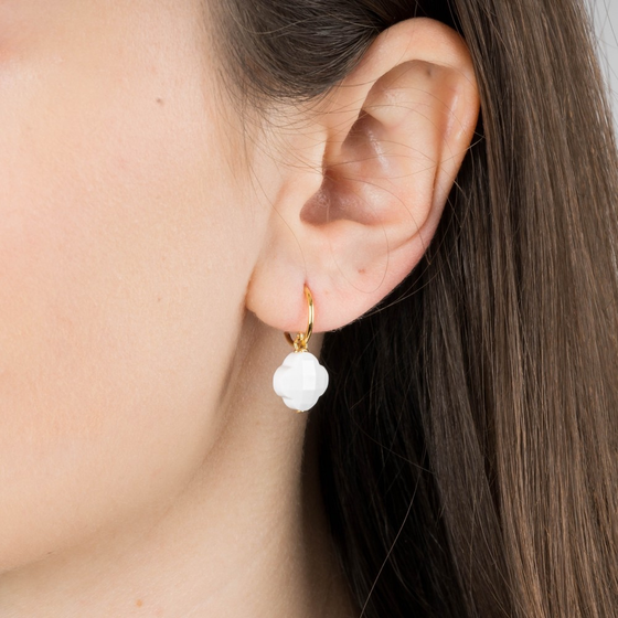 White Agate Small Clover Yellow Gold Earrings