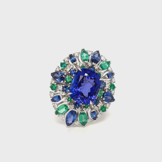 Bague Tanzanite, Saphirs et Emeraudes