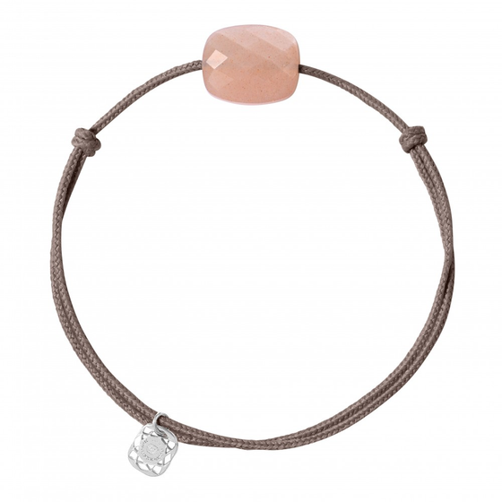 Peach Moonstone Cushion Taupe Cord And Silver 925 Bracelet
