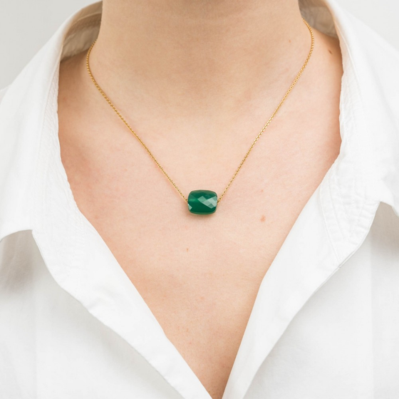 Collier Or Jaune Coussin Oversize Agate Verte