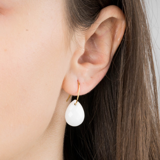 Earrings, White Agate, Yellow Gold