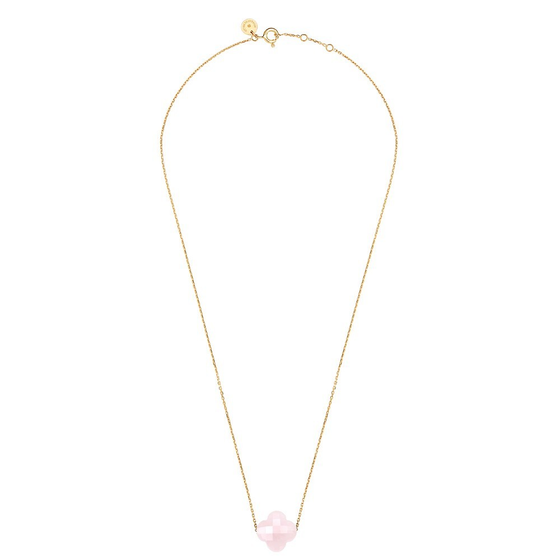 Powdery Pink Quartz Clover Yellow Gold Necklace