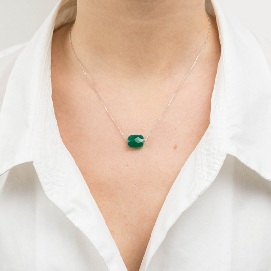 Collier Or Blanc Coussin Agate Verte
