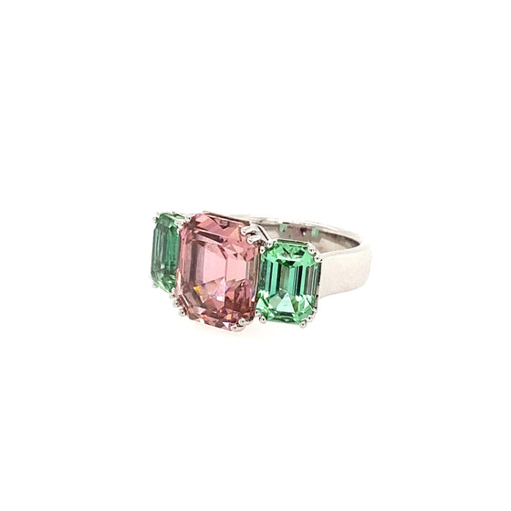 Pink tourmaline and 2 green tourmalines and diamonds ring