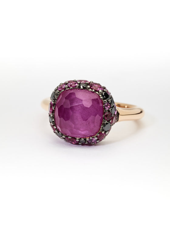 Pink gold ring, amethyst and purple sapphires
