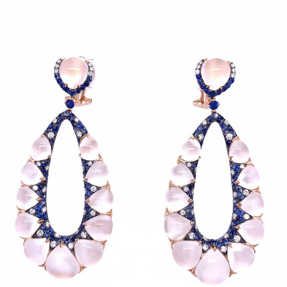 Pink gold earrings, diamonds, blue sapphires and white moonstones