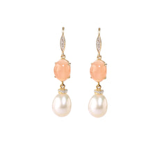  Yellow gold cultured freshwater pearl, pink quartz and diamond-set earrings