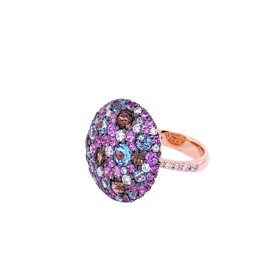 Bague pour femme en or rose pavée de topazes bleues, quartz fumés, saphirs roses et diamants blancs Bague Michaud 1047427